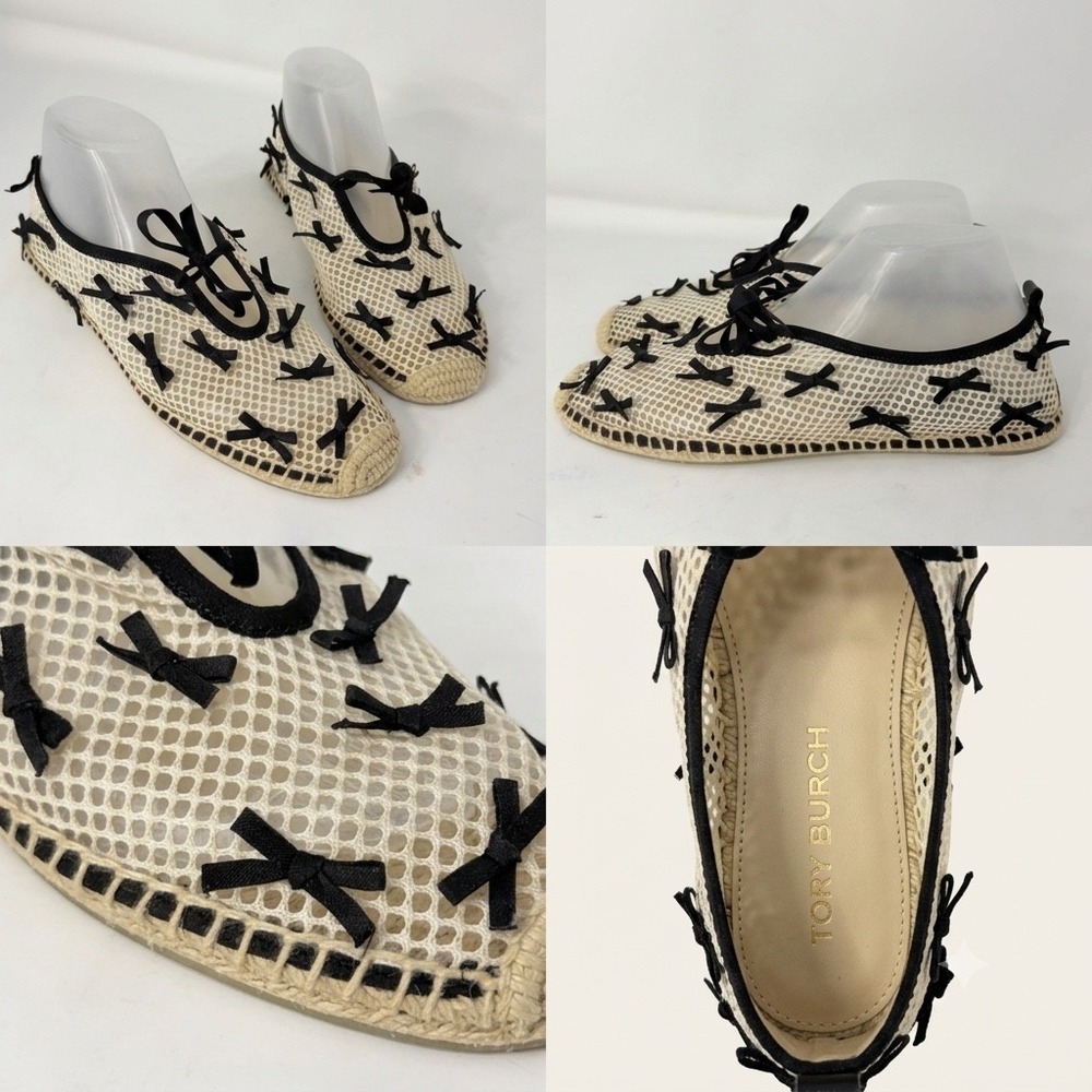 Tory Burch Mesh Bow Espadrille Flats Cream Black Womens 9M Slip On Shoes